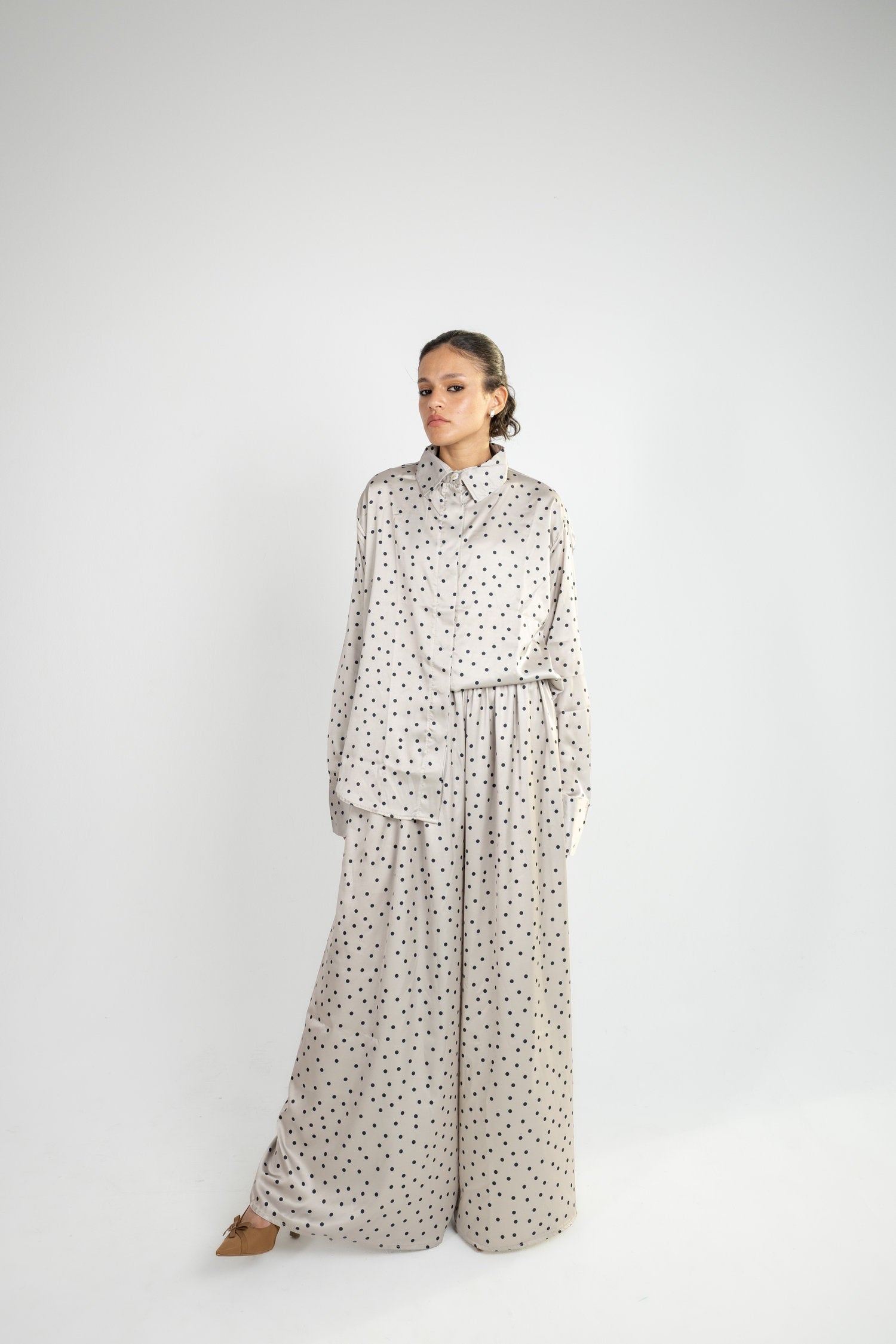 Polka Dot Satin Set - Beige Grey
