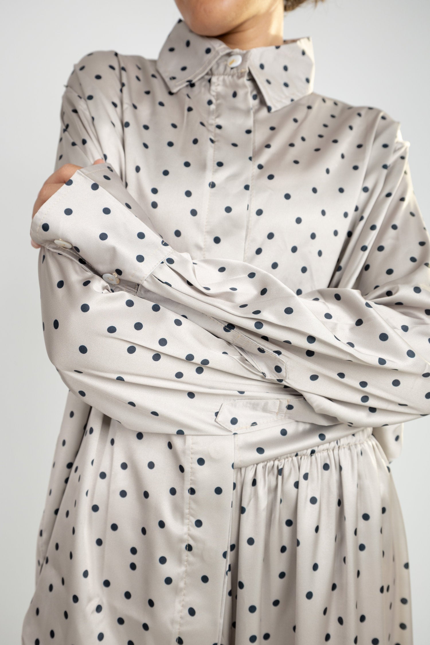 Polka Dot Satin Set - Beige Grey
