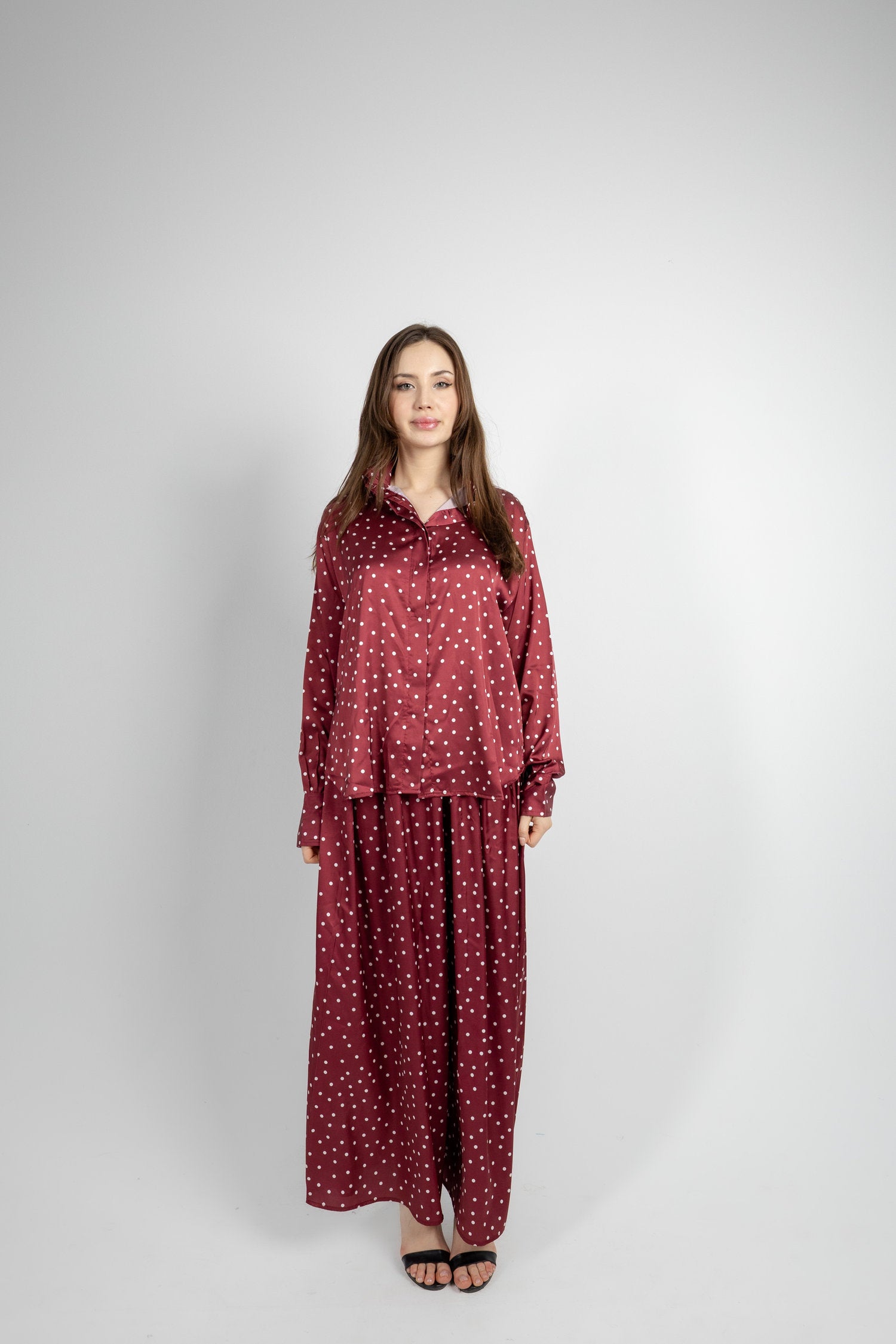 Polka Dot Satin Set - Burgundy